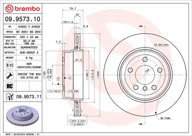 BREMBO 09.9573.11 Arka Fren Diski 34213332217 resmi