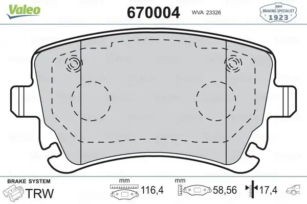 VALEO 670004 Arka Fren Balatası resmi