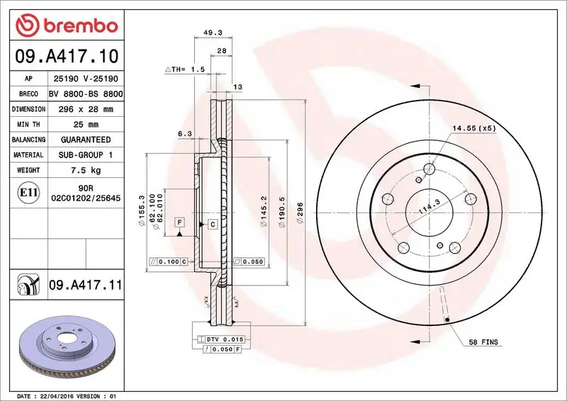 BREMBO 09.A417.11 Ön Fren Diski resmi
