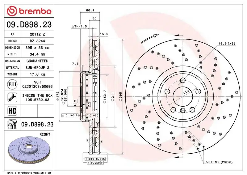 BREMBO 09.D898.23 Ön Fren Diski (Sağ) 34116878046 resmi
