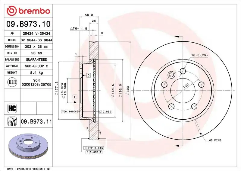BREMBO 09.B973.11 Ön Fren Diski 2H0615301D resmi