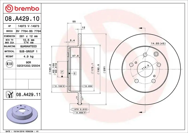 BREMBO 08.A429.10 Arka Fren Diski 424310R020 resmi