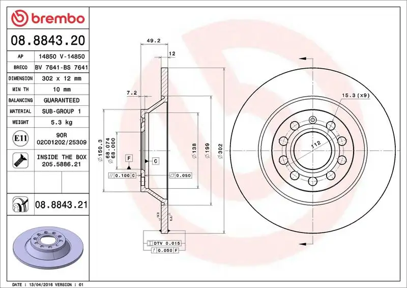 BREMBO 08.8843.21 Arka Fren Diski 4F0615601E resmi