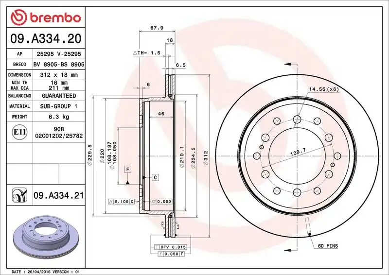 BREMBO 09.A334.21 Arka Fren Diski 4243160311 resmi